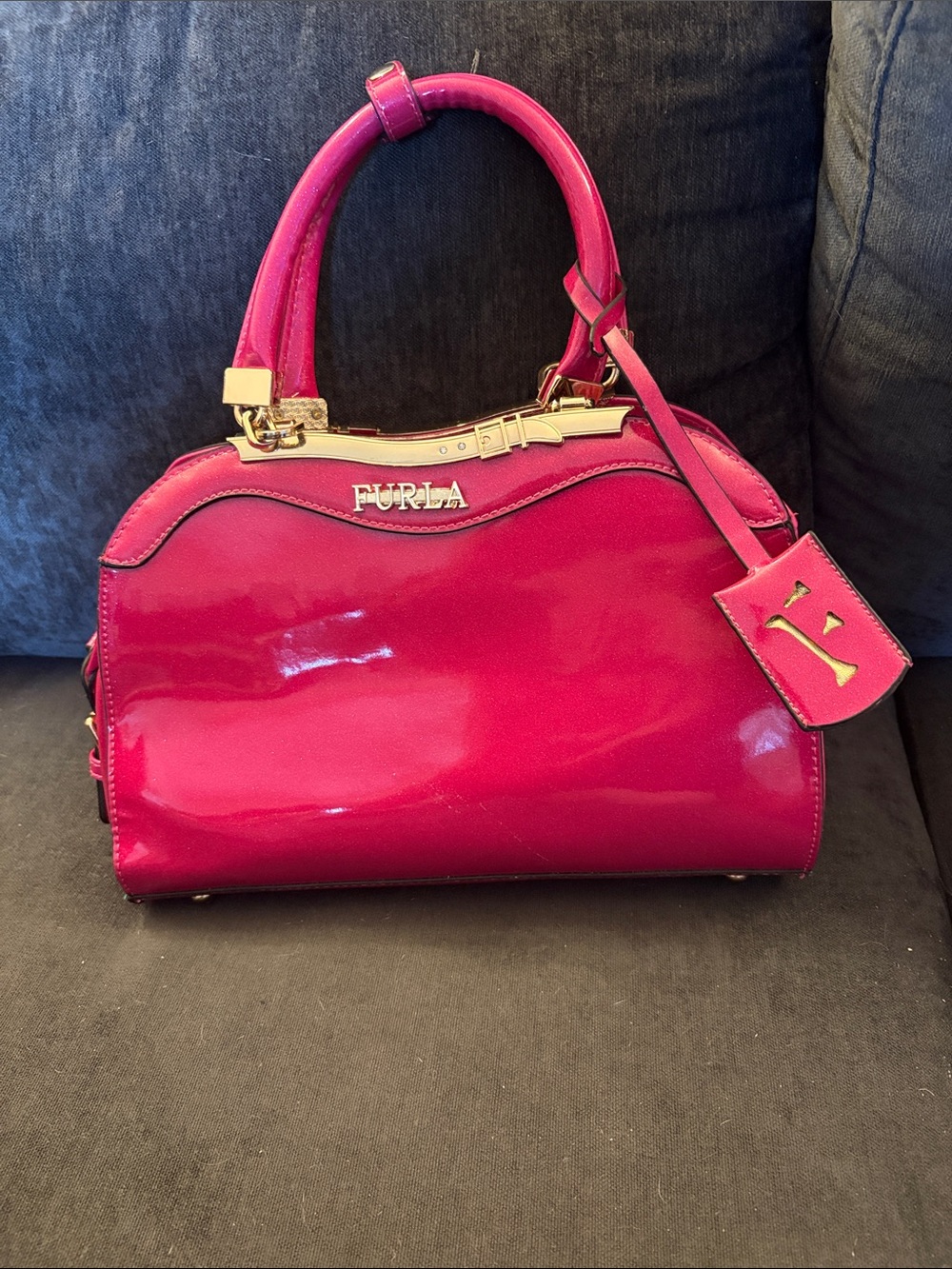 Furla Fuchsia Patent Leather Satchel with Gold Hardware